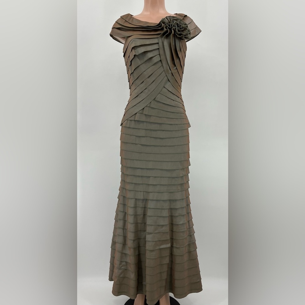 Tadashi Collection Iridescent Tiered Pleated Rosette Mermaid Formal Gown